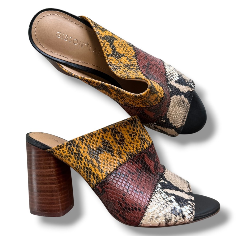 Gibson & Latimer Women's 9.5M Mya Snake Patchwork Goat Leather Mules Block Heels